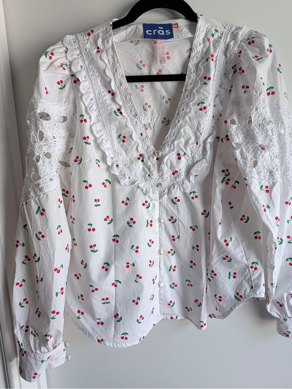 White Cherry-Print Lace V-Neck Blouse